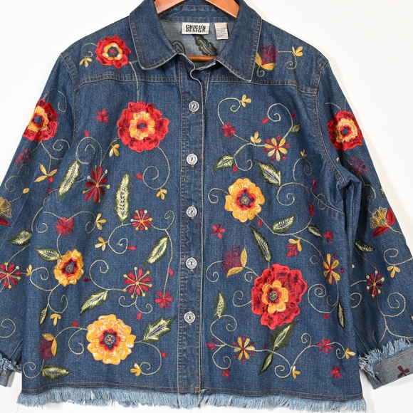 Chico’s Beautiful Whimsical Vibrant Floral Embroidered Denim jacket Sz 3 / XL/16 - Picture 11 of 12
